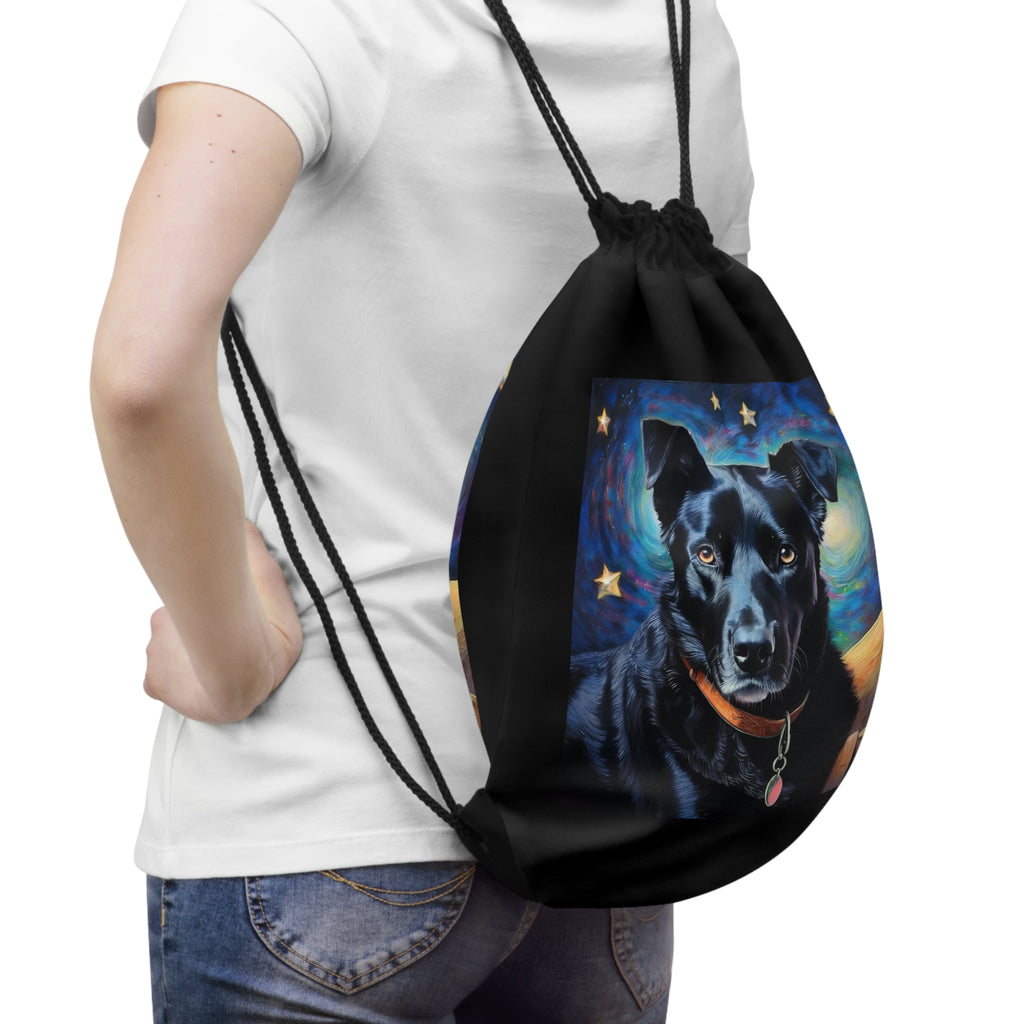 Black Shepherd Lab Stary Night Drawstring Bag