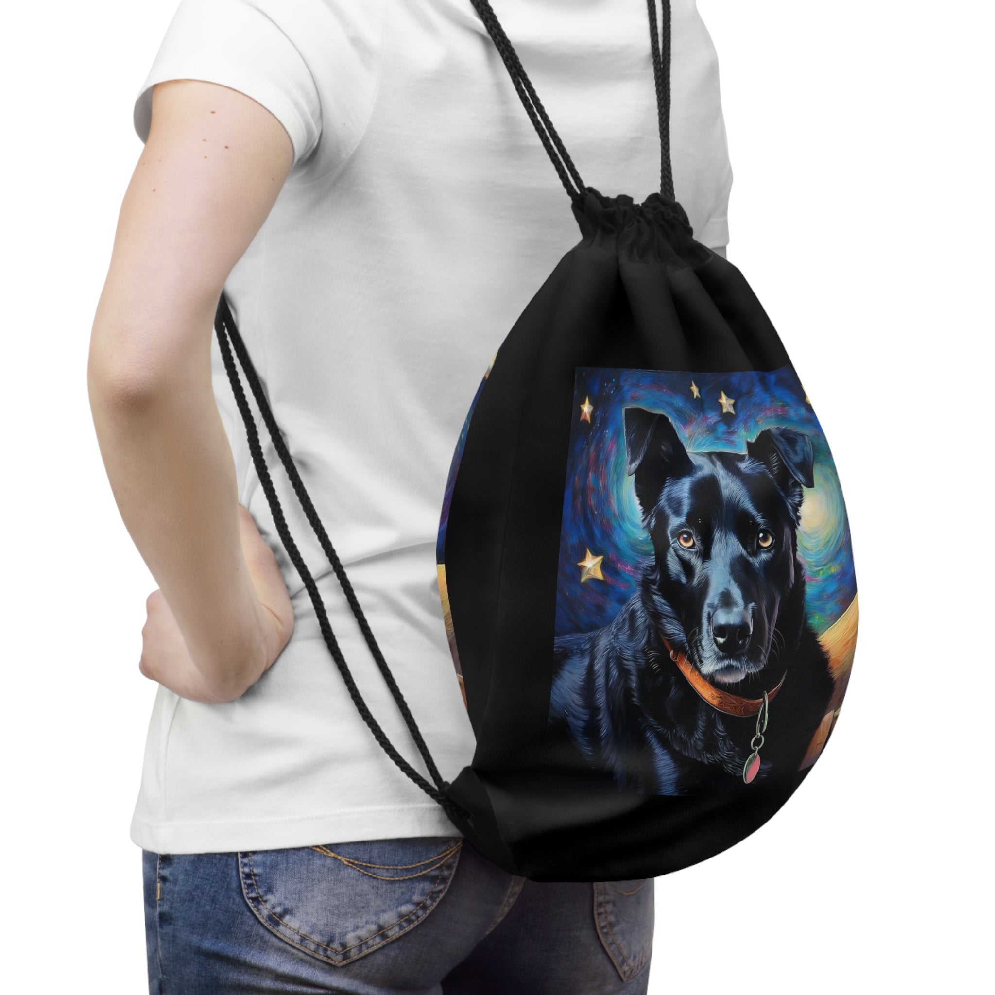 Black Shepherd Lab Stary Night Drawstring Bag
