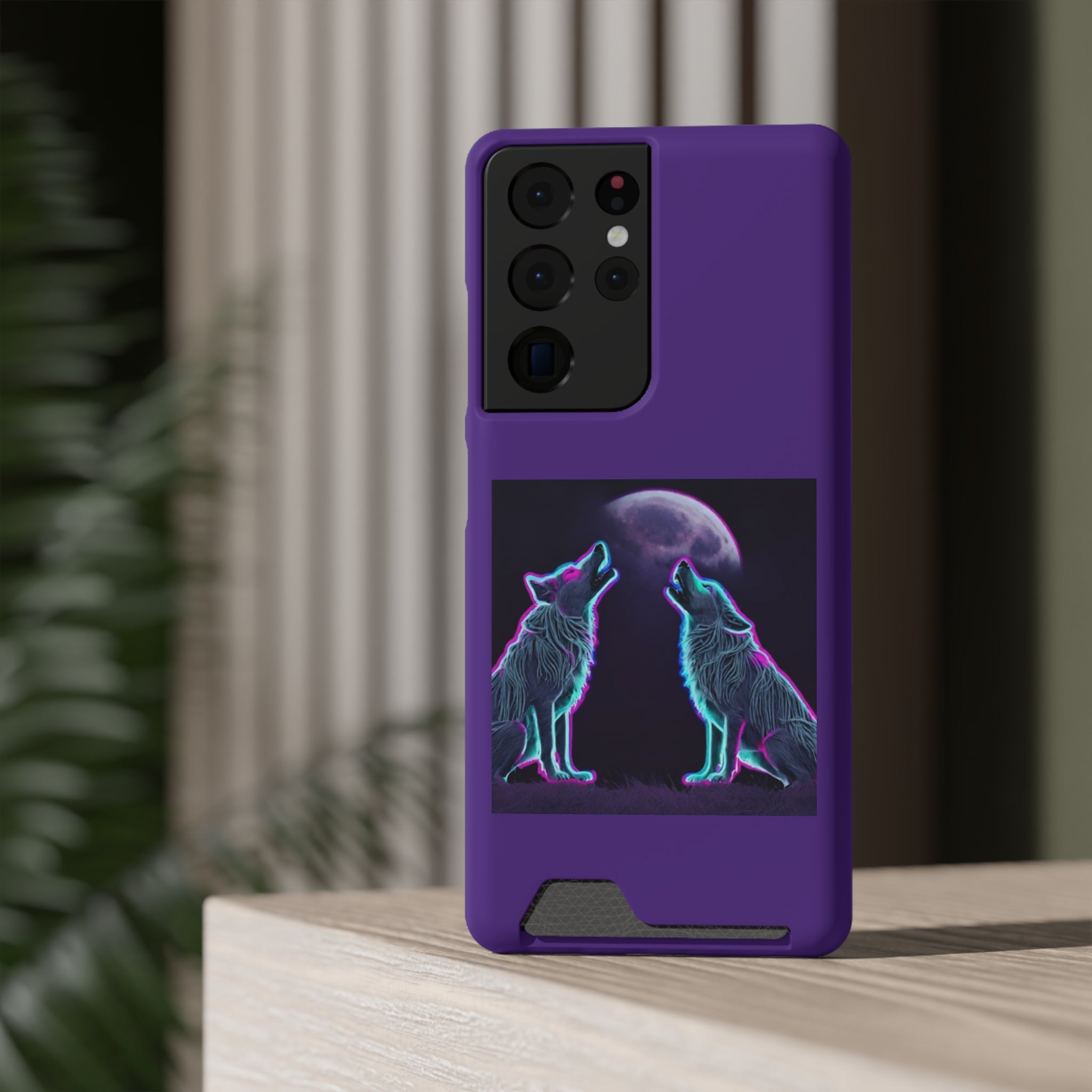 Neon Wolves Howling Phone Case with Card Holder