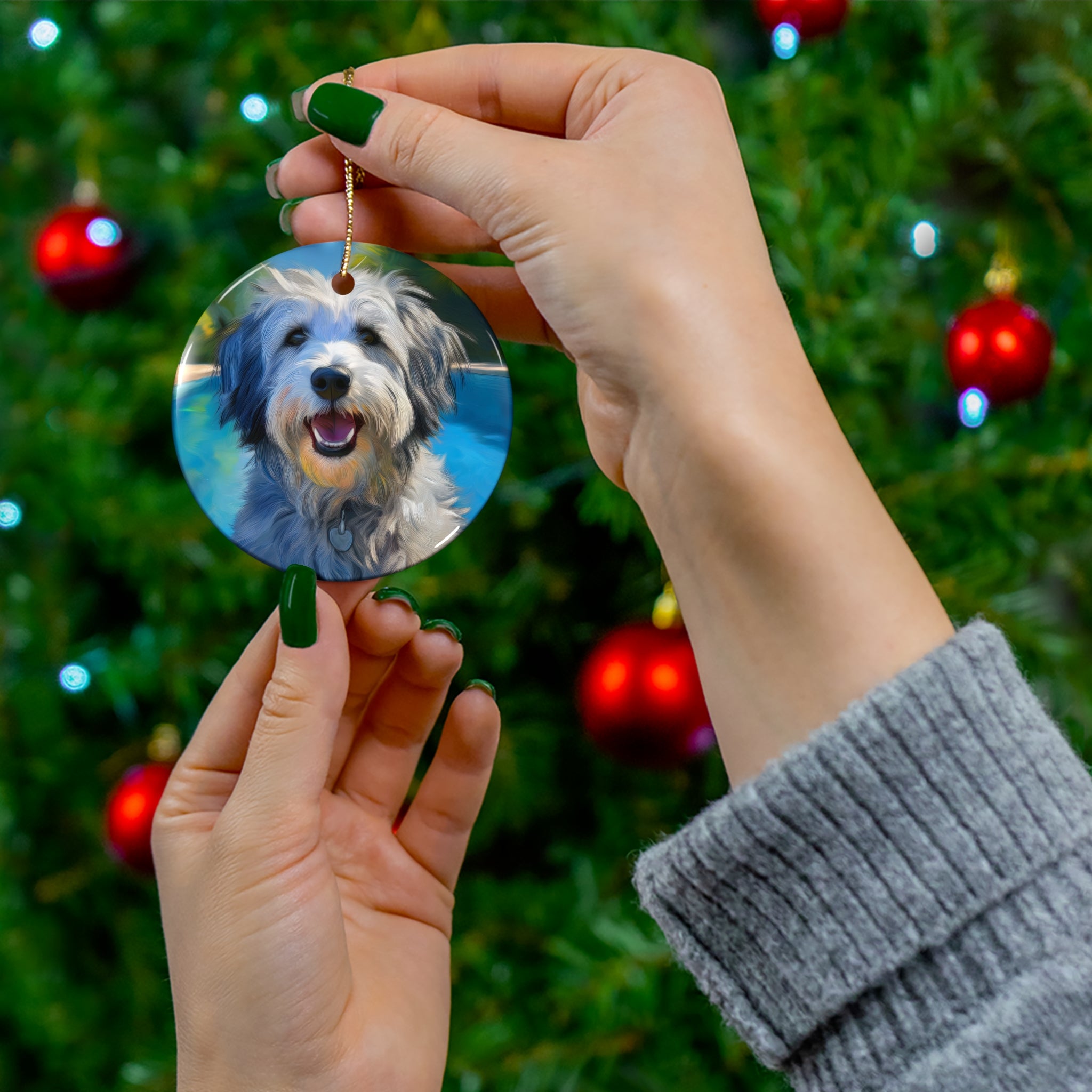 Grey Shaggy Dog Poolside Ceramic Ornament