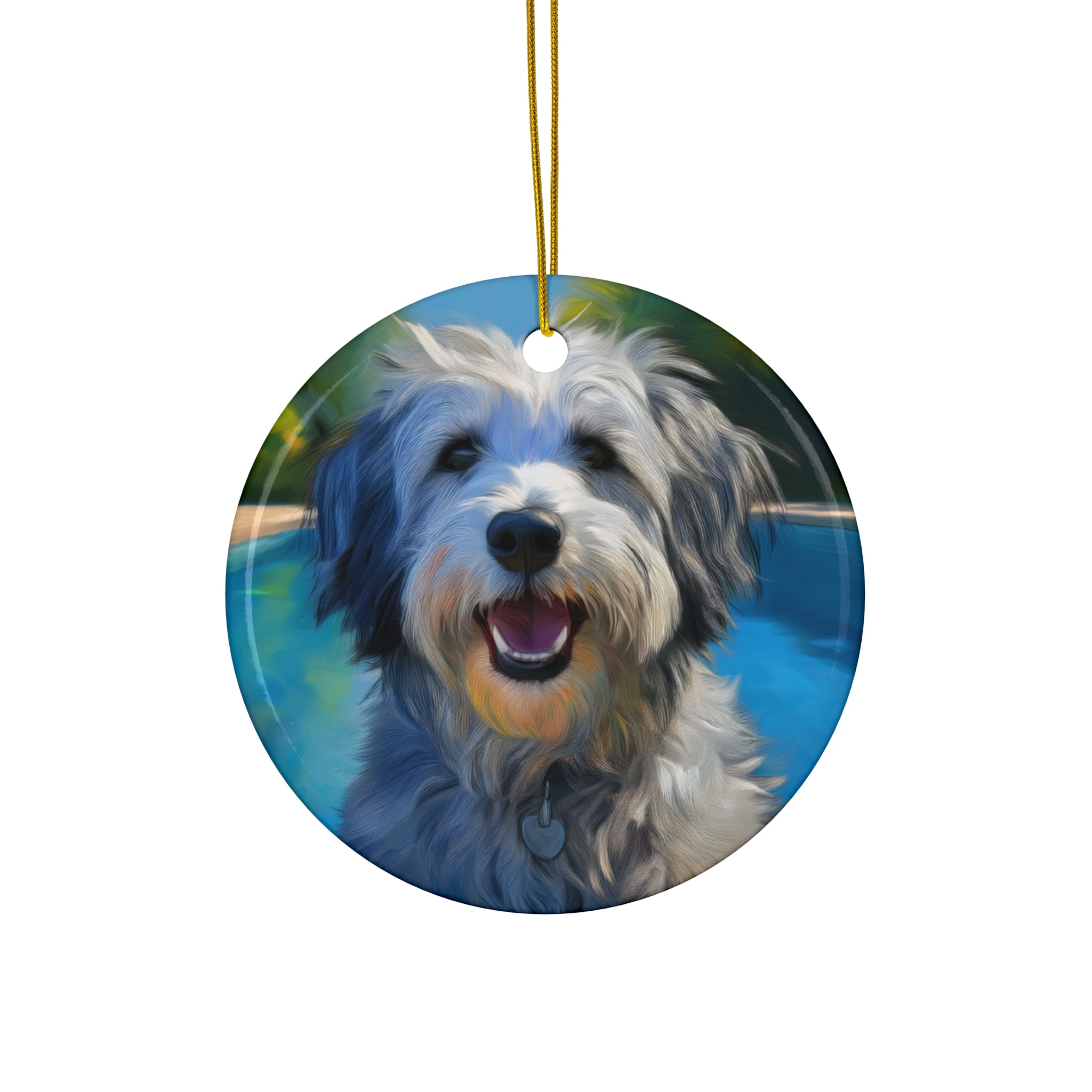 Grey Shaggy Dog Poolside Ceramic Ornament