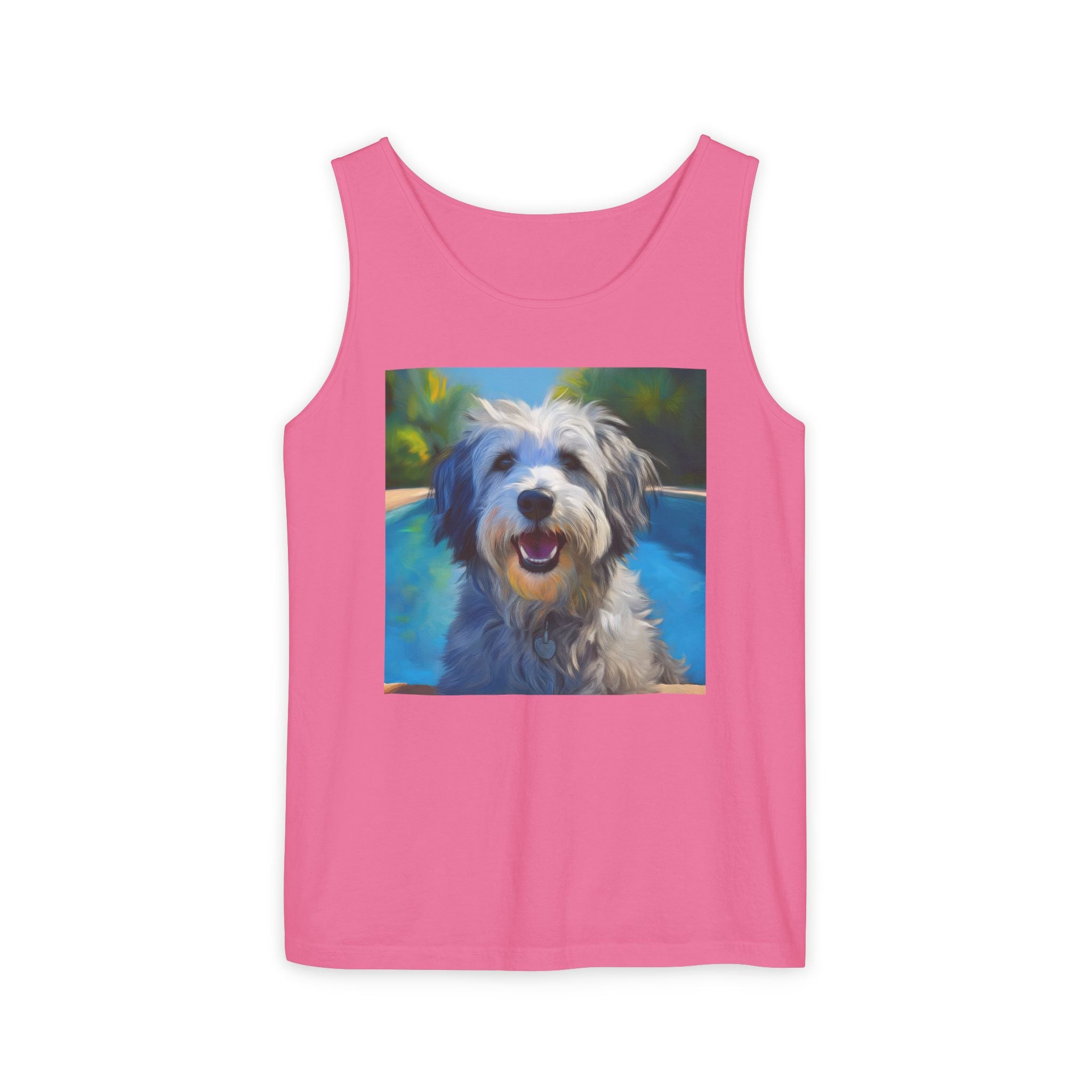 Grey Shaggy Dog Poolside Unisex Tank Top