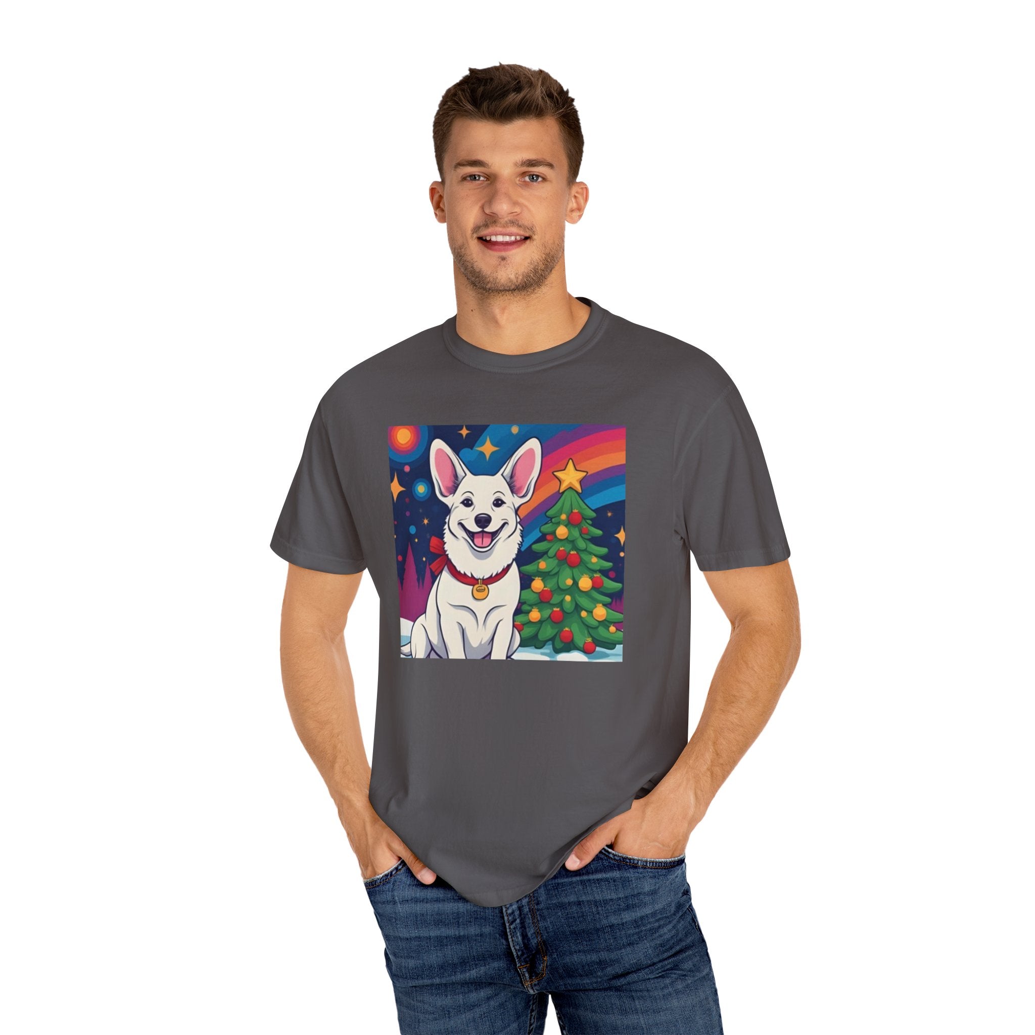 White Corgi Holiday Unisex Garment-Dyed T-shirt