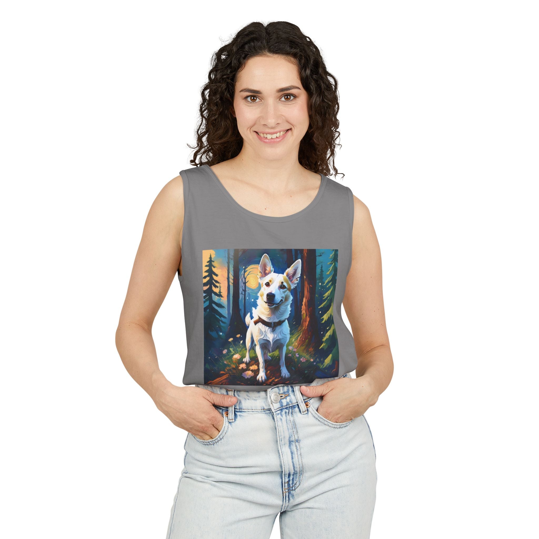 White/Tan Dog Forest Walk Unisex Tank Top