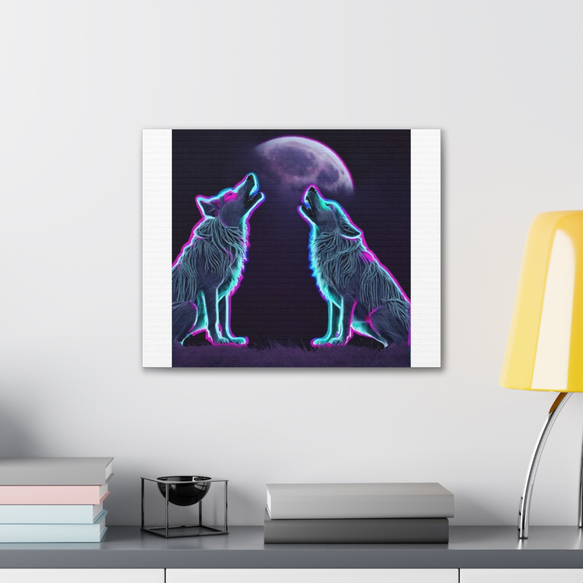 Neon Wolves Howling Canvas Stretched, 0.75"