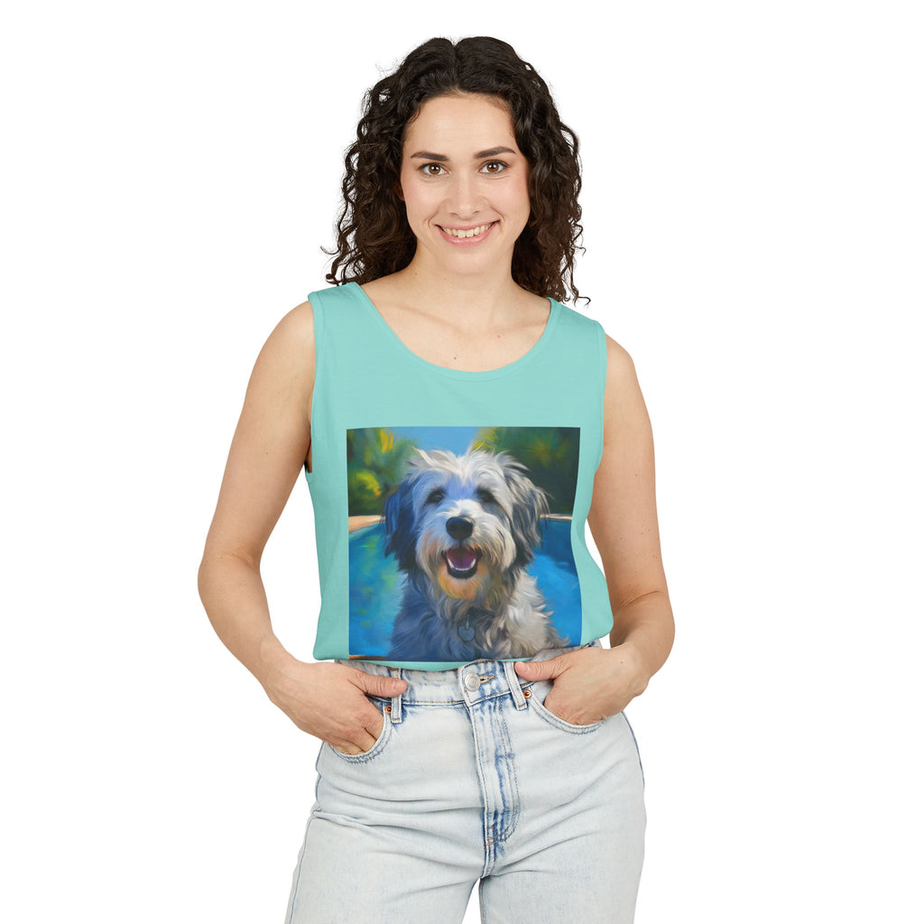 Grey Shaggy Dog Poolside Unisex Tank Top