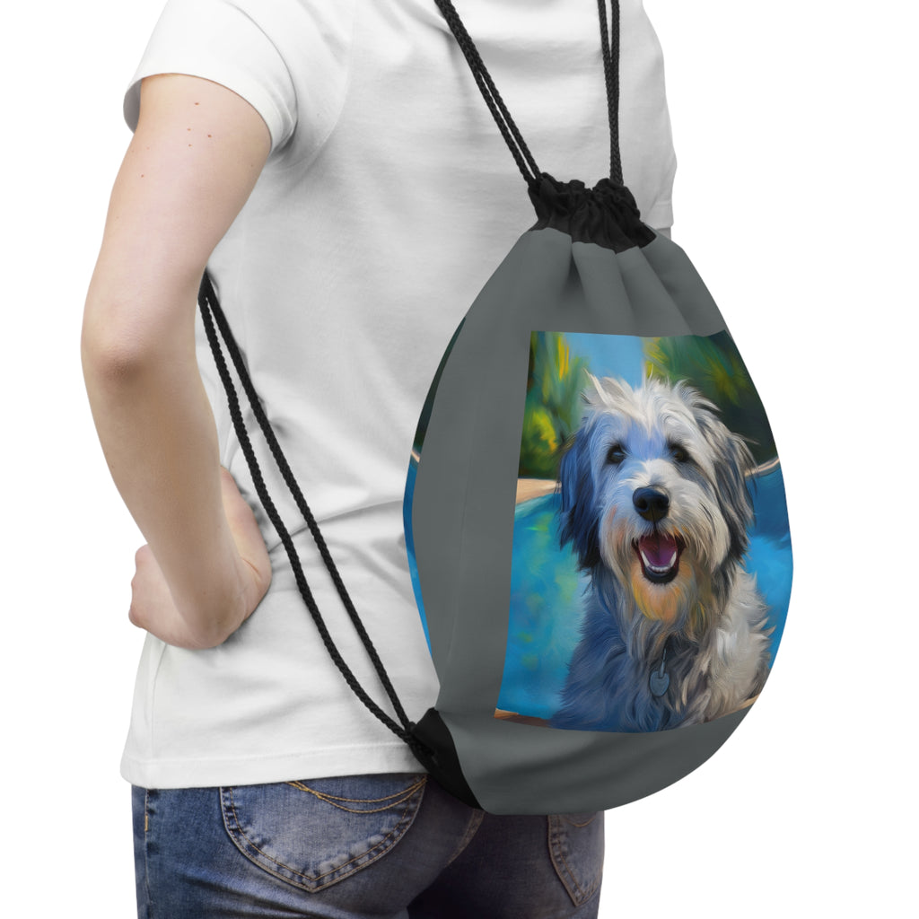 Grey Shaggy Dog Poolside Drawstring Bag