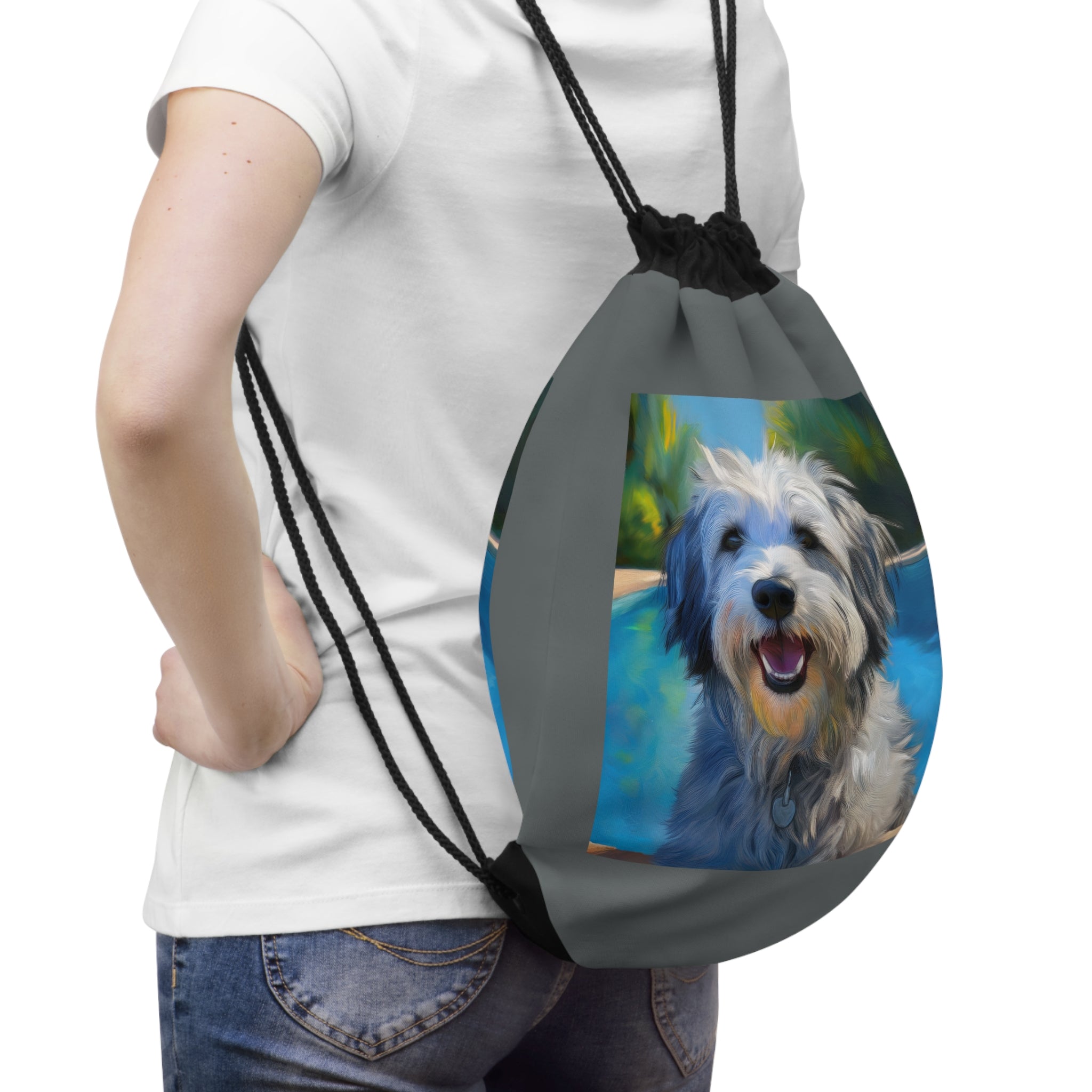 Grey Shaggy Dog Poolside Drawstring Bag