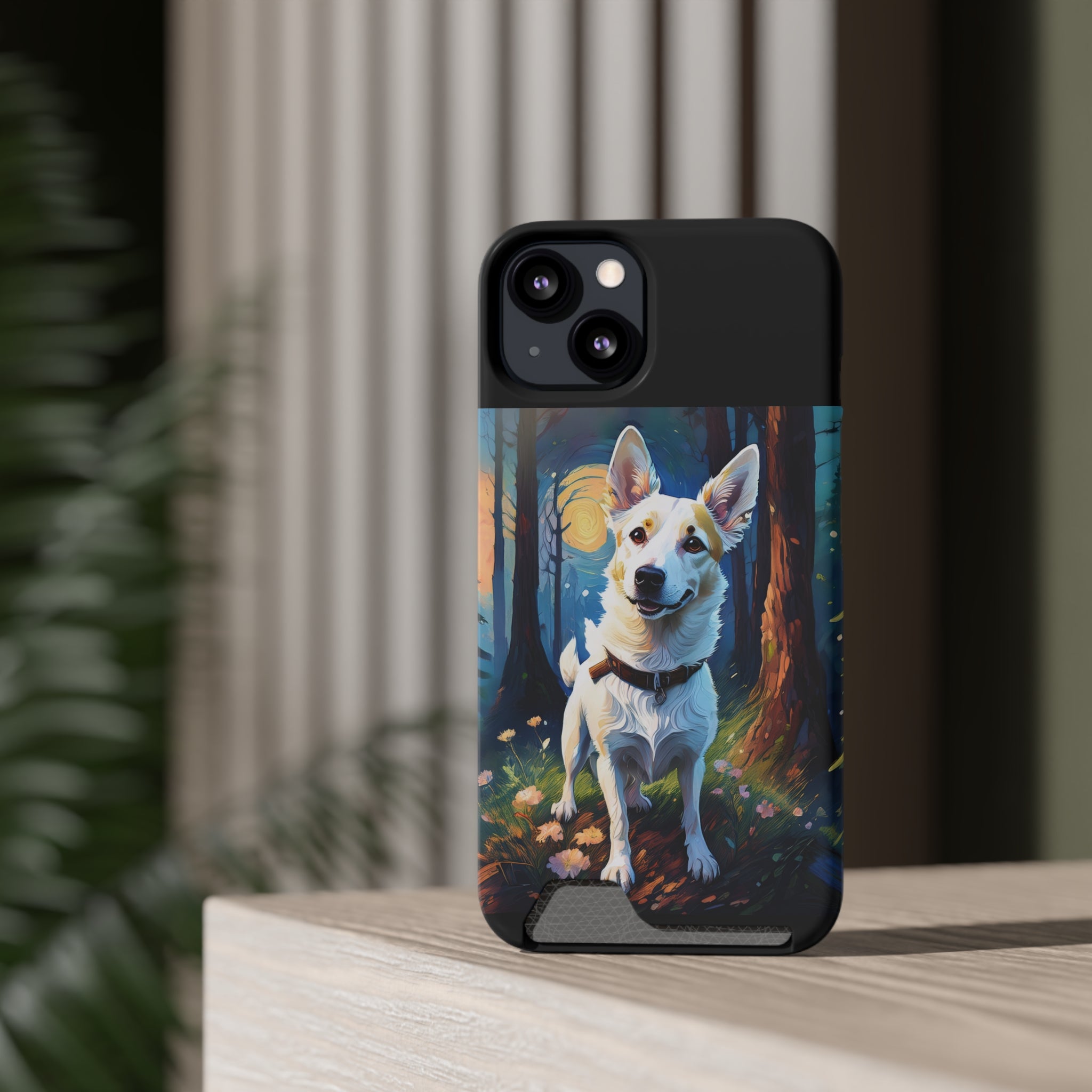 White/Tan Dog Forest Walk Phone Case with Card Holder