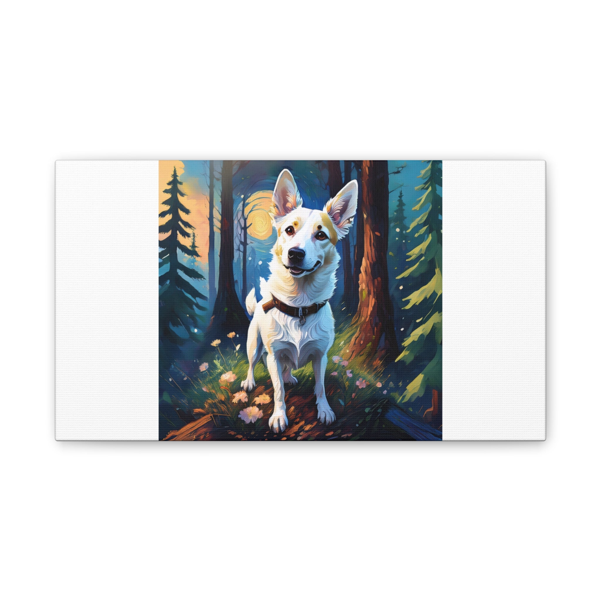 White/Tan Dog Forest Walk Cavas Painting