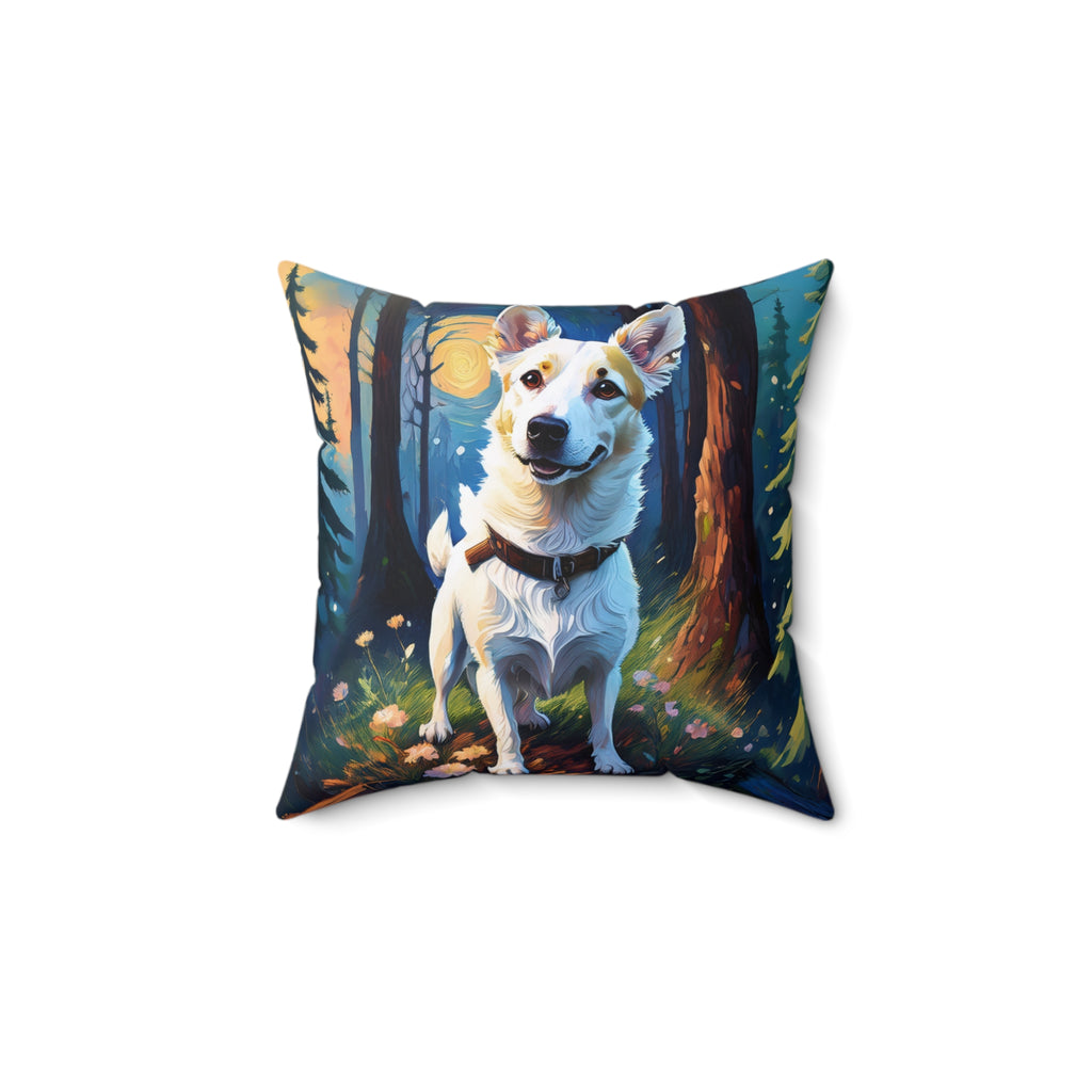 White/Tan Dog Forest Walk Polyester Square Pillow