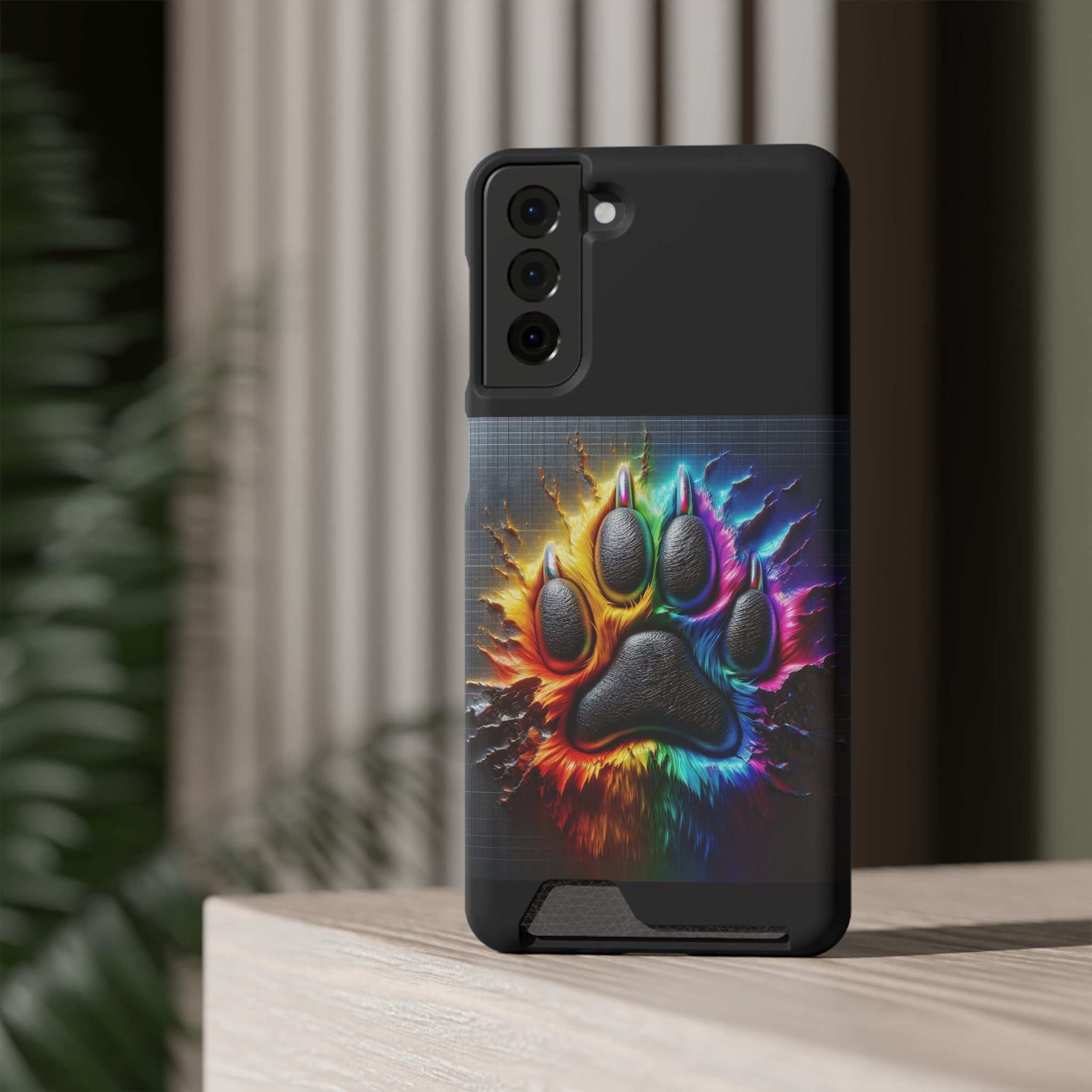 Electric Rainbow Dog Paw Phone Case with Card Holder
