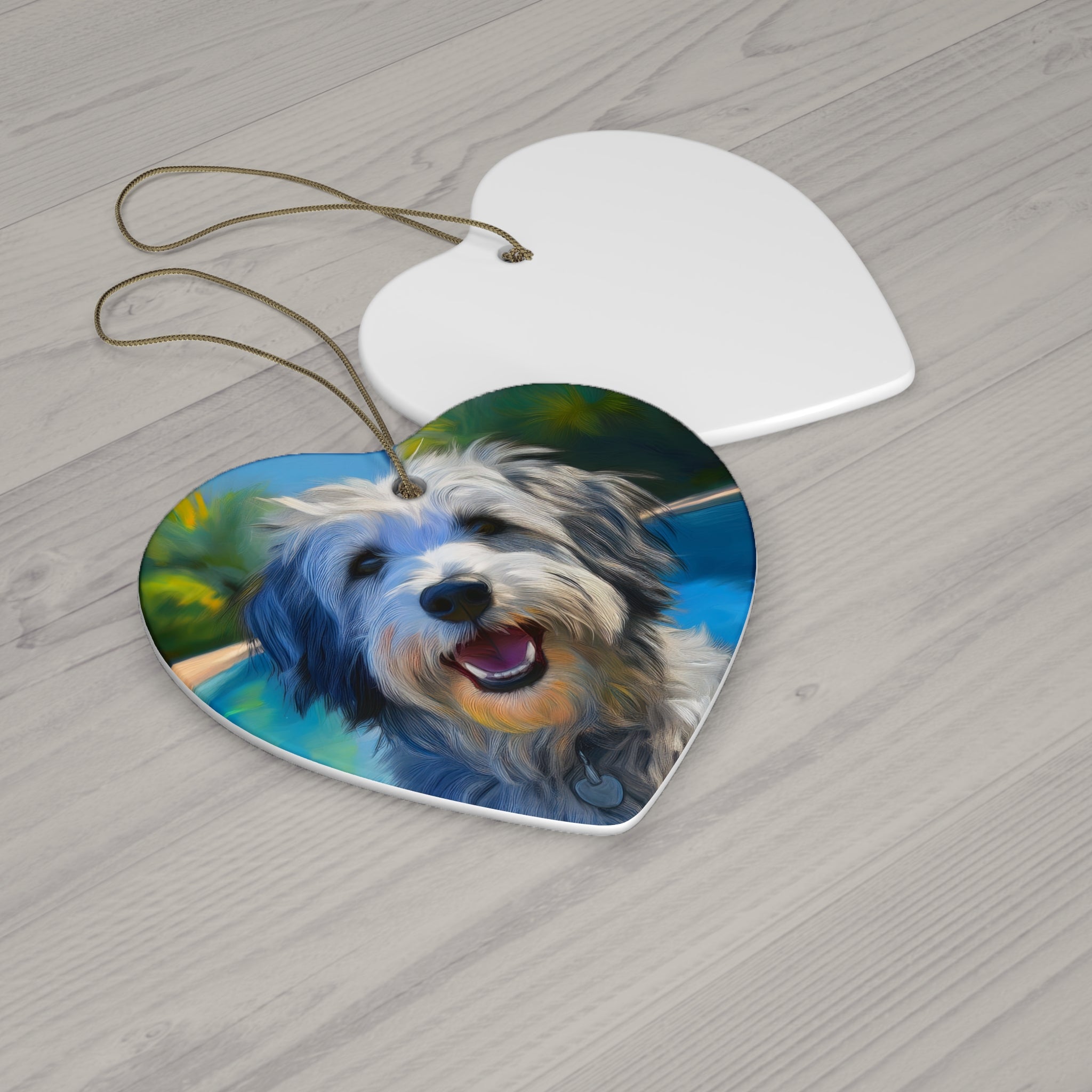 Grey Shaggy Dog Poolside Ceramic Ornament