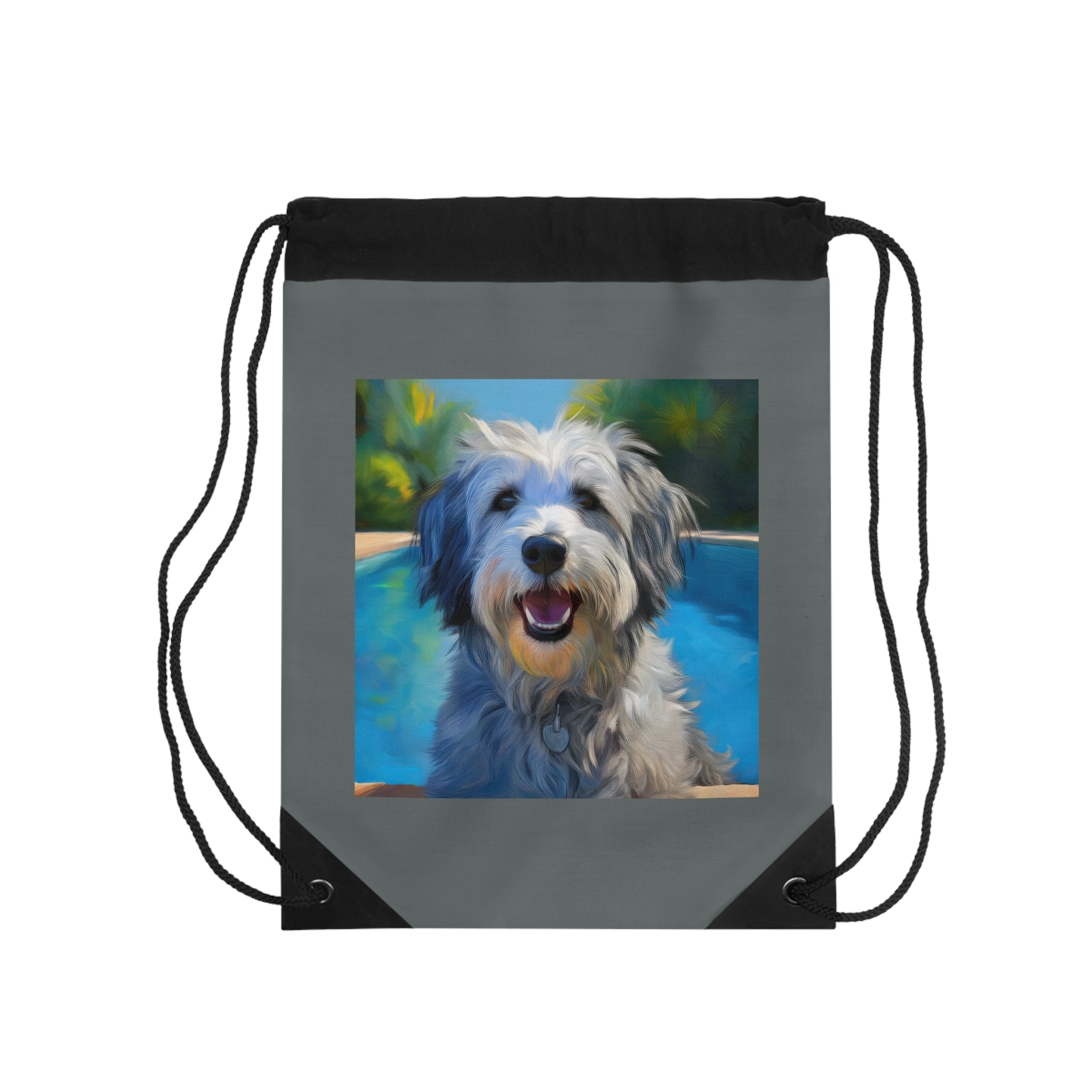 Grey Shaggy Dog Poolside Drawstring Bag
