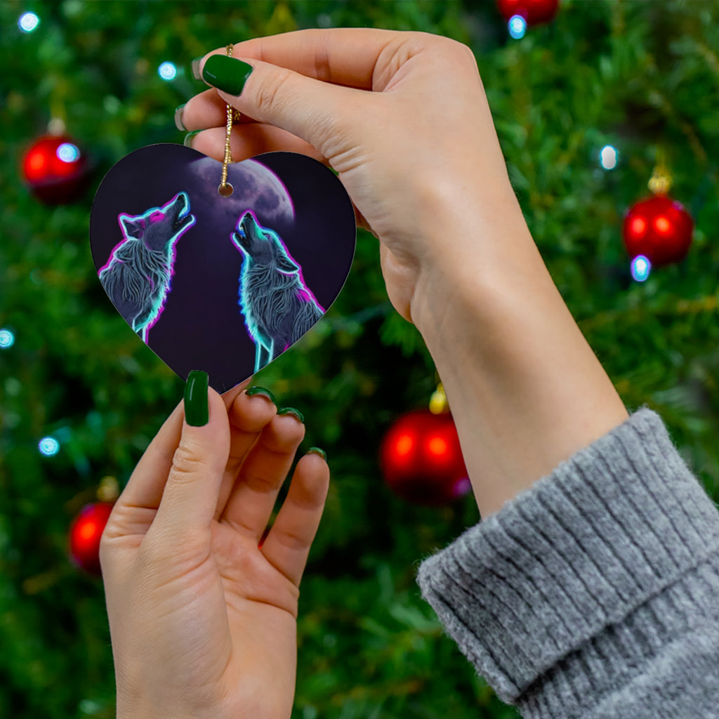 Neon Wolves Howling Ceramic Ornament