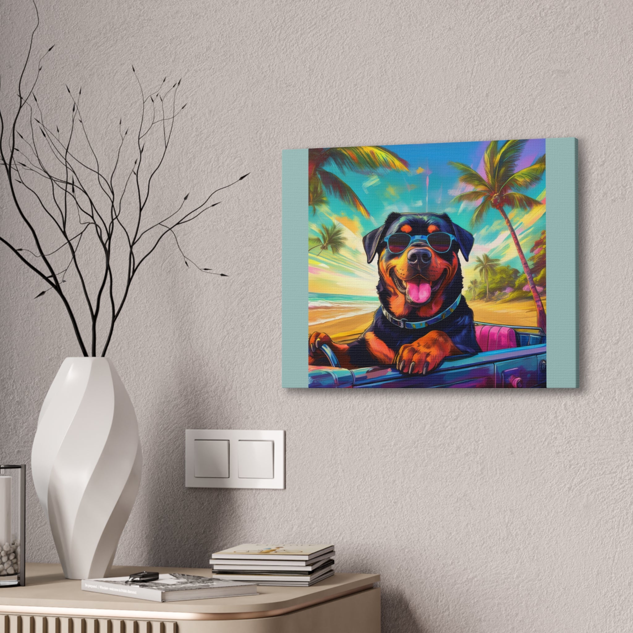 Rottweiler Beach Drive Canvas Painting