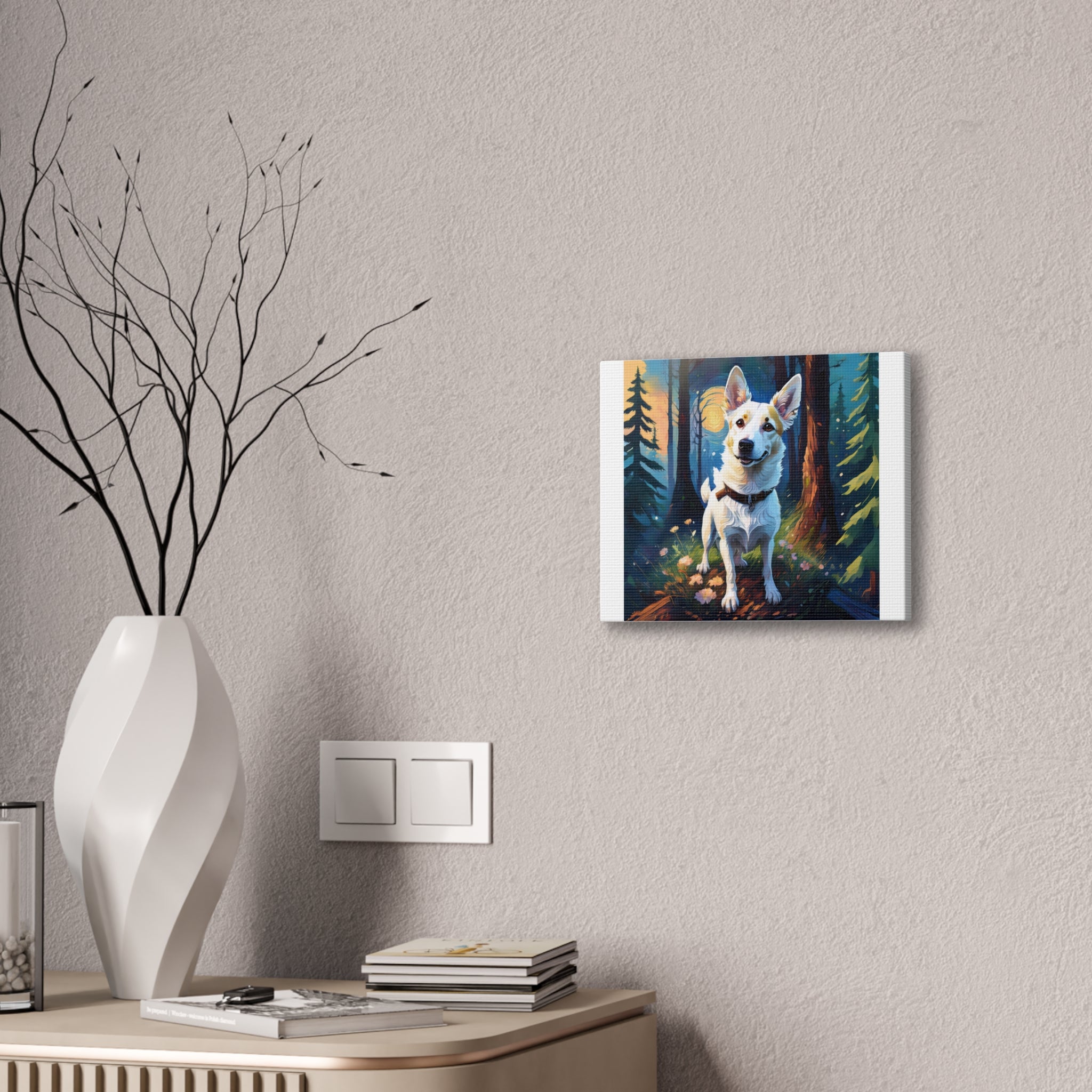 White/Tan Dog Forest Walk Cavas Painting