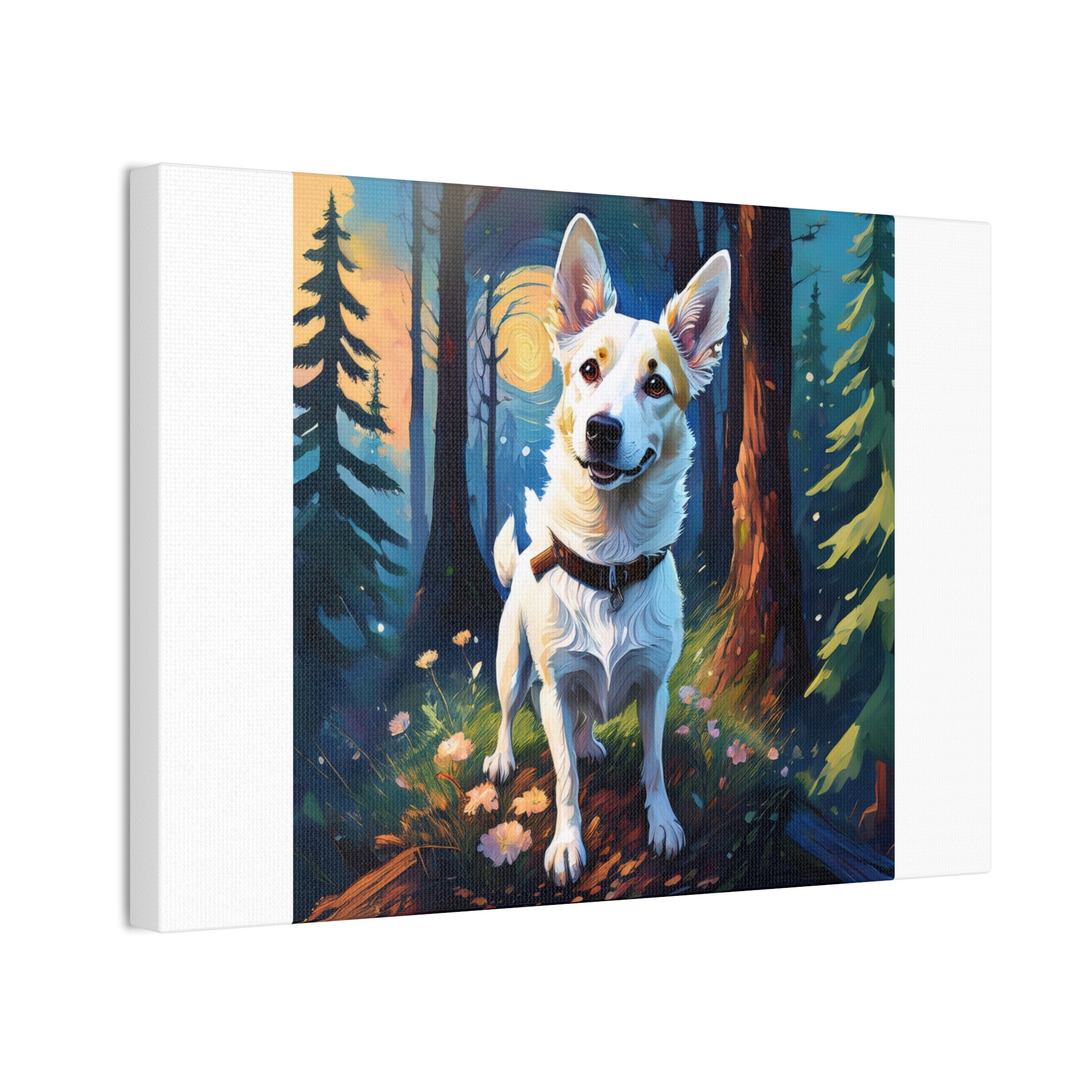 White/Tan Dog Forest Walk Cavas Painting