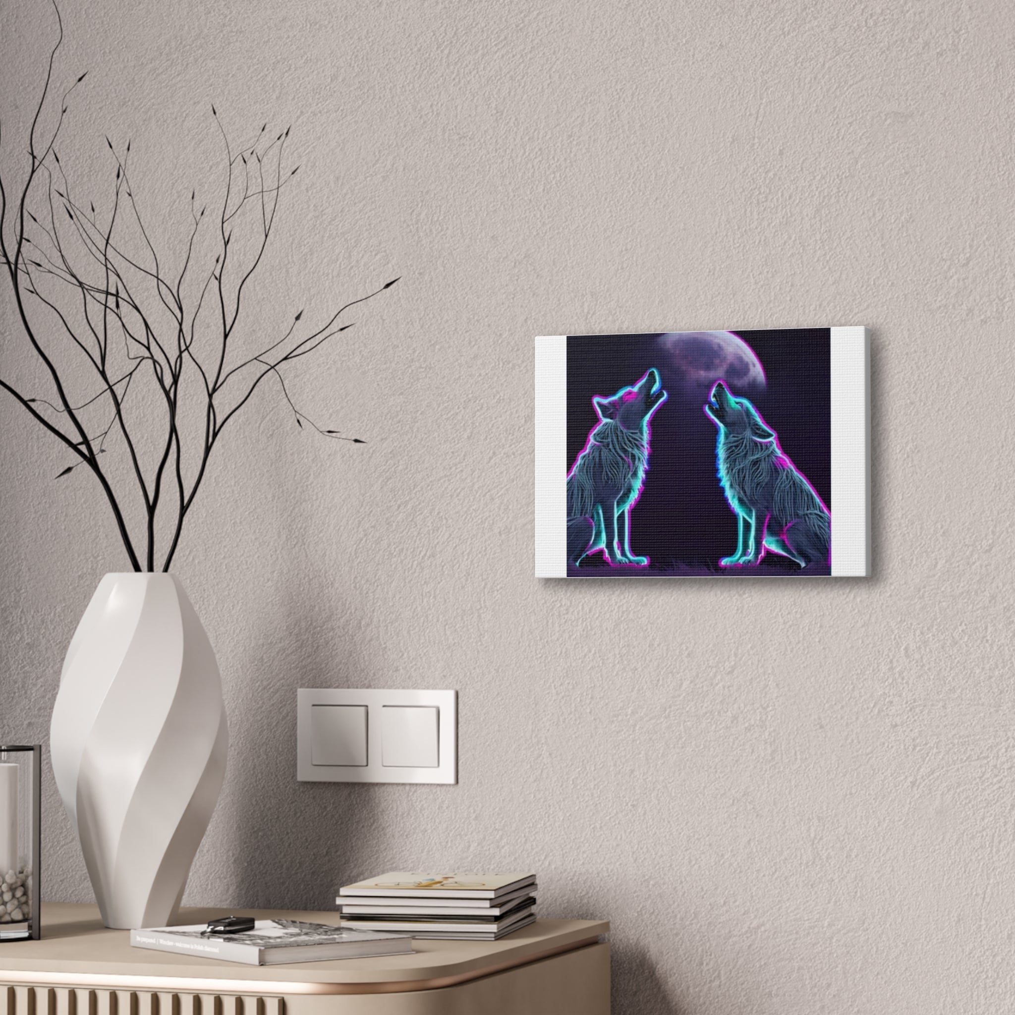 Neon Wolves Howling Canvas Stretched, 0.75"